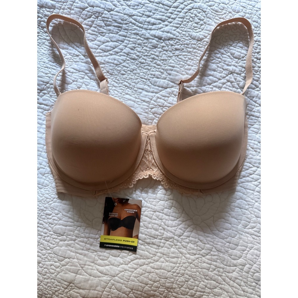 Maidenform 36DD Extreme Push Up Strapless Convertible Bra Beige Lace SE1102